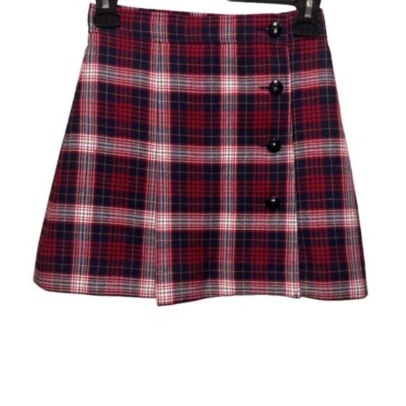 Womens Check Flare Red Mini Skirt Size 2 Wool & Silk Button Detail Made In Italy - Picture 1 of 6